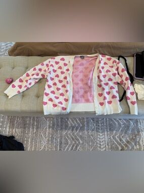 Pink Heart-Print Button Cardigan Sweater